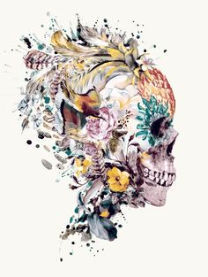 a skull with flowers and feathers on it's head