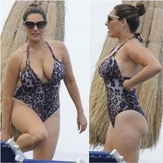 a woman in a leopard print swimsuit on the beach