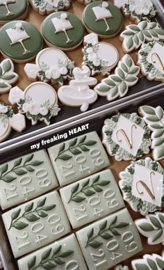 two trays filled with decorated cookies in the shape of animals and flowers, one is green and white