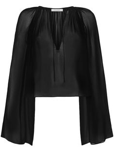 black silk glossy finish shirred panel V-neck front tie fastening long bell sleeves straight hem Shirred Blouse, Black Silk Blouse, Dry Clean Only, V Neck Blouse, Wide Sleeves, Frame Denim, Scarf Hairstyles, Black Silk, Black Blouse