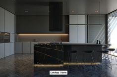 a modern kitchen with marble counter tops and bar stools