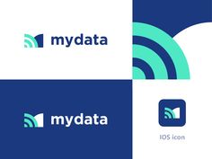 the logo for mydata is shown in three different colors and font styles, including blue