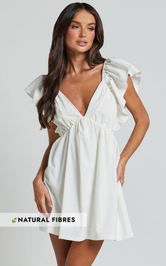 Raiza Mini Dress - Ruffle Sleeve Tie Back Plunge Dress in Off White | Showpo USA Classy Graduation Outfit, White Grad Dress, Rush Week Outfits, Bride Reception Dresses, Confirmation Dresses, White Dresses Graduation, Senior Stuff, Dresses Graduation, White Ruffle Dress