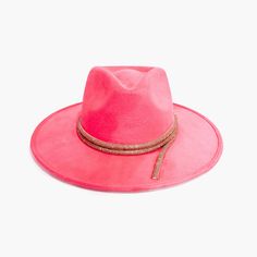 Hot Pink Short Brim Rancher Fedora Hat by AB.LINO A part of the Renaissance Collection. Hand-made from stiffened Mexican suede with a rigid brim and crown, this style is designed to hold its shape through thick and thin. Accessorized with crystal rope and star and pearl-studded underbelly. Made from stiffened Mexican suede Spot / specialist clean Brim width: 4″ / 10.16 cm Crown height: 4″ – 4.75″ Rigid crown design Please note: due to the color and nature of the suede dyeing process, some flecki Hot Pink Shorts, Crown Heights, Crown Design, Pink Hat, Dyeing Process, Fall Favorites, Wide Brimmed Hats, Fedora Hat, Fall Shopping