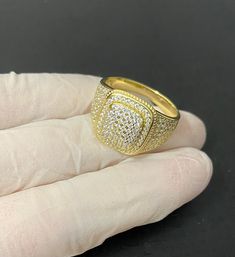 * Condition: 100% Brand New * Material: 925 Sterling Silver/14K Gold Finish * Ring Color: Gold * Ring Diamond Color: Clear *Ring Face part Size: approx.16x13mm * Weight : approx.8grams * High Polish * With 925 Stamped *Will never tarnish or turn your hand green *Free Gift Box Gold Diamond Cluster Ring Stamped 14k, Gold Cluster Ring With Pave Setting, Classic Gold Cluster Ring With Pave Setting, 14k Stamped Cubic Zirconia Jewelry For Promise Ring, Gold Sterling Silver Diamond Ring With Pave Setting, Hallmarked Gold Signet Ring With Cubic Zirconia, Fine Jewelry Cubic Zirconia Signet Ring Stamped 14k, Gold Sterling Silver Signet Ring With Diamond Accents, Gold Hallmarked Cubic Zirconia Signet Ring