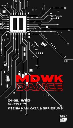 the poster for mrpwk mixes, which features electronic circuit boards and red letters