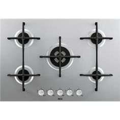 a stove top with four burners and three knobs on the front, in stainless steel