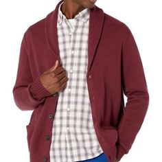 Goodthreads Men's Soft Cotton Shawl Cardigan Sweater Size: X-Small Color: Burgundy Casual Wool Cardigan With Shawl Collar, Burgundy Cotton Sweater For Fall, Casual Red Cotton Cardigan, Casual Burgundy V-neck Outerwear, Classic Red Cotton Cardigan, Casual Wool Sweater With Shawl Collar, Casual Burgundy Cotton Sweater, Casual Cotton Cardigan With Shawl Collar, Fall Cotton Sweater With Shawl Collar