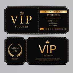 two black and gold ticket cards with golden lettering