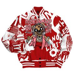 Brand Dunkare Red Taxi 12s Shirt - Screw Around Bear Monogram Graffiti All Over Print Baseball Varsity Jacket Baseball Varsity Jacket, All Over Print, Varsity Jacket, Screw, Graffiti, Monogram, Baseball, Red, Quick Saves