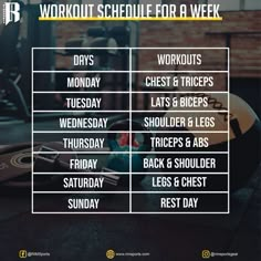 the workout schedule for a week is shown in black and white, with an image of a