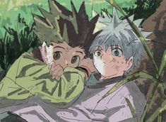 two anime characters laying in the grass with their eyes open and looking at each other