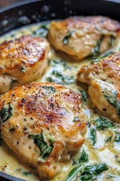 three pieces of chicken with spinach and cheese in a skillet