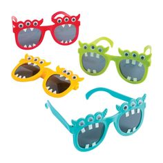 three pairs of sunglasses with fake teeth and glasses for kids to wear on the go