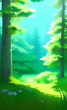 a painting of trees and grass in the woods