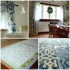 four different pictures of curtains and table with chairs in the middle one is blue and white