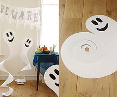 there are two different pictures with toilet paper in the shape of ghostes on the floor