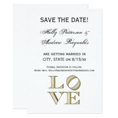 save the date card with gold foil on white paper and black ink, featuring love