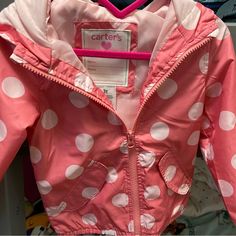 Carter’s Pink Polka Dot Size 3t Rain Jacket Brand New Playful Spring Outdoor Outerwear, Spring Playwear Cotton Outerwear, Spring Cotton Outerwear For Play, Spring Hooded Outerwear For Playtime, Cute Pink Outerwear With Pockets, Playful Pink Outerwear For Outdoor, Hooded Outerwear For Spring Playwear, Casual Pink Outerwear For Playwear, Cute Cotton Outerwear For Play