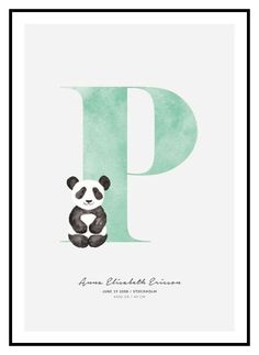 the letter p with a panda bear sitting on it's back in front of a green