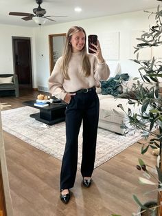 Old H&M sweater, Abercrombie Quinn tailored straight trouser size 25L  Fall style, fall fashion, neutral style, work wear, work outfits, business casual   Follow my shop @briannaallisonxx on the @shop.LTK app to shop this post and get my exclusive app-only content!  #liketkit #LTKWorkwear #LTKFindsUnder50 #LTKShoeCrush @shop.ltk https://liketk.it/4VotG Tan Sweater Work Outfit, Chucks Work Outfit, Sweater Trousers Outfit, H&m Business Casual Women, Casual Office Outfits Women Fall 2024, Business Casual Outfits Sweater, Sweater Business Casual Outfits, Business Casual Sweater Outfits, Bank Teller Outfit Business Casual