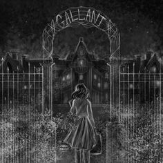 a drawing of a woman standing in front of a gate with the word california on it