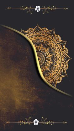 an ornate gold and black background with white flowers on the left side of the frame