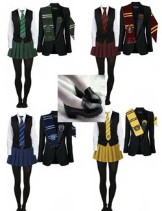 several different types of school uniforms are shown in this image, including skirts and vests