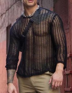 Mesh Tops, Foto Tips, Mesh T Shirt, Streetwear Mens, Bottoming Shirt, Style Noir, Mens Long Sleeve Tee, Mesh Long Sleeve, Men's Knit