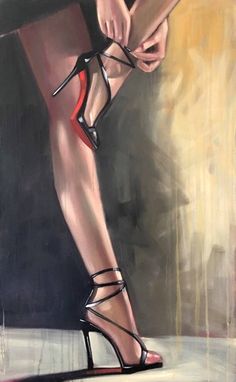 a painting of a woman's legs wearing high heeled shoes with her hand on her thigh