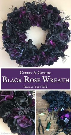 a collage of black and purple wreaths