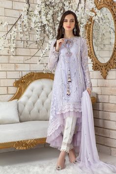 Luxe Pret | Casual Pret | Wedding Wears | Pakistani Designer Outfits – HaniyaJibran New Model Dress, Lavender Pants, White Anarkali, Kurti Embroidery, Frock Fashion, Purple Dresses, Eid Dresses, Festive Collection, Embroidered Pants