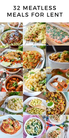 a collage of images showing different meals for lentils, pasta and salads