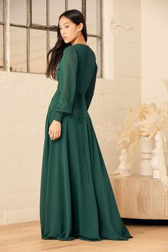 Glam Green Dress - Maxi Dress - Wrap Dress - Long Sleeve Dress - Lulus Evening Flowy Faux Wrap Dress, Flowy Faux Wrap Evening Dress, Flowy Long Sleeve Maxi Dress For Date Night, Long Sleeve Faux Wrap Party Dress, Flowy Chiffon Wrap Dress For Party, Flowy Wrap Dress For Date Night, Flowy Wrap Dress For Fall, Long Sleeve Chiffon Dress With Ruched Details, Elegant Long Sleeve Faux Wrap Maxi Dress