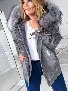 Boyfriend Look, Fur Jacket Women, Denim Shorts Outfit, Denim Coat Women, Moda Denim, Long Faux Fur Coat, Denim Hoodie, Denim Jacket Fashion, Fur Collar Coat