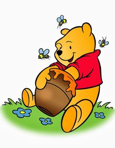 a winnie the pooh bear holding a honey pot with bees flying around in the background