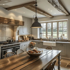 a large kitchen with an island and wooden table in front of the stove top oven