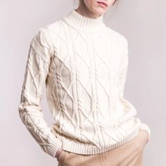 Knitted aran pullover with high neck – mila.vert Neck Cream, Summer Knitting, Sustainable Clothing