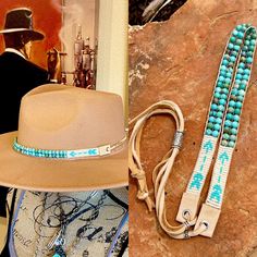 Hand loomed turquoise hatband in three different leather combinations. Sliding silver bead will allow this band to fit any hat style/adjustable! Made with: * Toho seed beads * Genuine Turquoise - 6mm (40 beads total) * Leather * Deer skin lace/suede leather * Silver beads Total length of band = 39 inches (circumference) Southwestern Blue Beaded Hat Band, Adjustable Southwestern Turquoise Hat Bands, Adjustable Blue Southwestern Hat Band, Adjustable Southwestern Blue Hat Band, Southwestern Beaded Turquoise Hat Bands, Adjustable Turquoise Hat Bands For Festivals, Handmade Southwestern Turquoise Hat Bands, Southwestern Turquoise Beaded Hat Bands, Handmade Turquoise Bohemian Hat Band