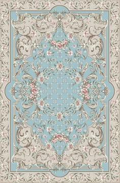 a blue and beige rug with an ornate design on the bottom, surrounded by flowers