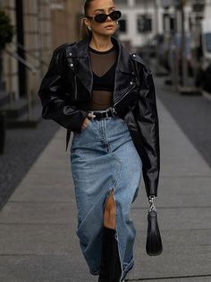 10 Leather Jacket Outfits We're Excited To Wear This Fall! - The Catalog Mode Mantel, Jean Skirt Outfits, Dressing Ideas, Walking Down The Street, Long Denim Skirt, Concert Outfits, Leather Jacket Outfits, Mode Casual, Looks Street Style