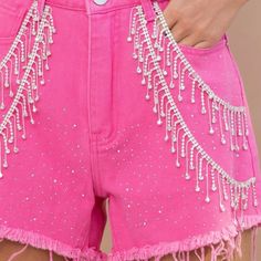 Brand: Blue B Pink Rhinestone Fringe Shorts Rhinestone Denim Shorts, Rhinestone Denim, Rhinestone Fringe, Pink Cowgirl, Short Fringe, Bleached Denim, Denim Pocket, Frayed Denim, Pink Rhinestones