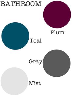 three different shades of gray and white with the words bathroom plum, teal, gray mist