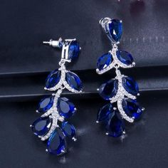 Royal Blue Crystal Long Leaf Dangle Earrings Xv Crowns, Royal Blue And Silver Quinceanera, Royal Blue And Black Wedding, Quinceañera Jewelry, Royal Blue Wedding Ideas, Dark Blue Wedding Theme, Royal Blue Jewelry, Royal Blue Quince, Royal Blue Wedding Shoes