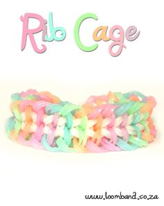 a colorful bracelet with the word rlb cage written in large letters on top of it