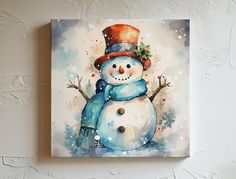 a painting of a snowman wearing a hat and scarf