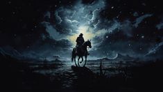 a man riding on the back of a horse across a field under a full moon