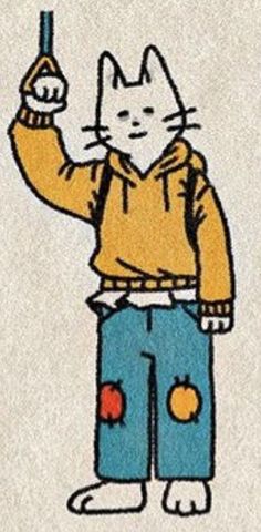 a drawing of a cat holding a cell phone up to its ear and wearing blue pants