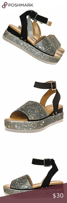 NEW Bling Rhinestone PeepToe Platform Wedge Sandal Add some glam to any casual look with these bling bling espadrilles!! Flaunt your pedicure in this toe-peeping wedge secured at the ankle with a slender strap, sparkle rhinestone encrusted toe band and platform, finished with lightly padded insole.  *** Bundle up to save more *** Condition: Brand New In Box / Unworn Color: Black / Silver Heel Height: 2.5" (Approx) Fit: True To Size Forever Link Shoes Platforms Silver Heel, Platform Wedge Heels, Wedge Heel Sandals, Silver Heels, Heel Sandal, Platform Wedge Sandals, Platform Wedge, Silver Rhinestone, Wedge Sandal