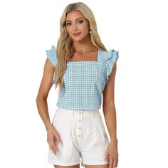 This top is made up of several design points: Square Neckline, Cap Sleeves, Ruffle Trim, H Relax Fit, and Gingham Summer Top. Suit for spring/summer/autumn and for many occasions, such as Casual Summer, Shopping, Holiday, Vacation, Beach, Date, Daily Wear, etc. Pair this top with your shorts for the cutest casual style. Measurement (in inches) International Size------Chest Girth-------Waist Girth------Shoulder Width-------Total Length XS---------------------35 7/8------------------32 1/4-------- Spring Gingham Sleeveless Blouse, Spring Sleeveless Gingham Blouse, Sleeveless Gingham Blouse For Spring, Summer Plaid Blouse For Picnic, Blue Summer Tops For Picnic, Spring Gingham Top With Square Neck, Blue Summer Top For Picnic, Gingham Square Neck Top For Spring, Spring Ruffle Blouse For Picnic